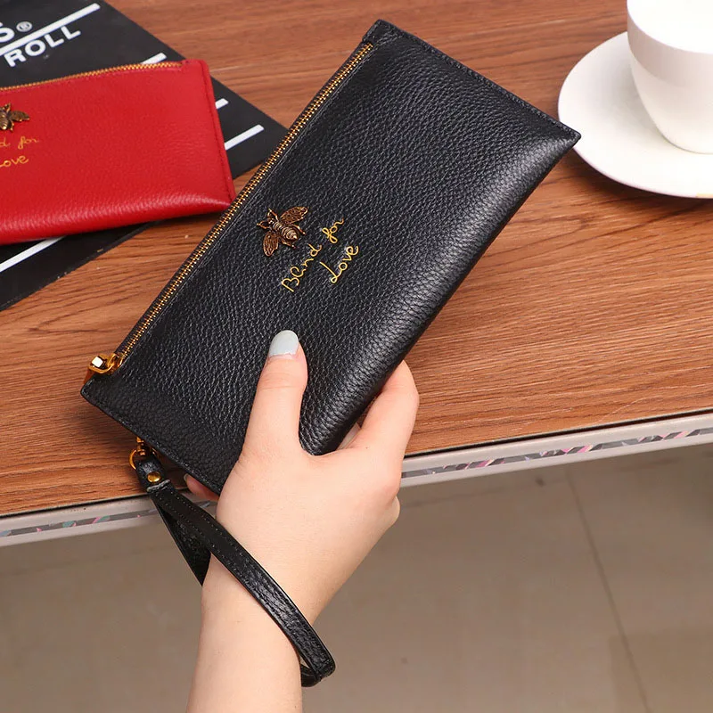 

women wallets Genuine Leather Long thin Zipper Fashion Solid purses card holder phone pocket luxury brand money bag new arrival
