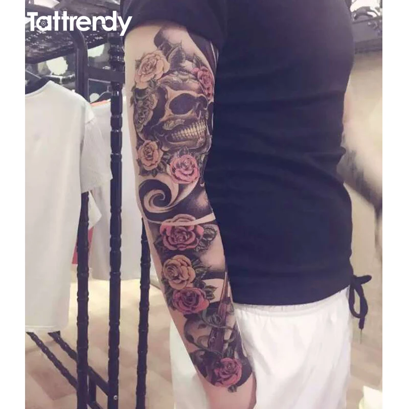 Vollen Arm Sleeve Tattoo Aufkleber Grosse Rose Blume Schulter Gefalschte Tattoos Fur Manner Tod Schadel Schwarz Feuer Temporare Tattoos 48cm Fake Tattoo Sleeves Tattoo Sleevetattoo Sleeves For Men Aliexpress