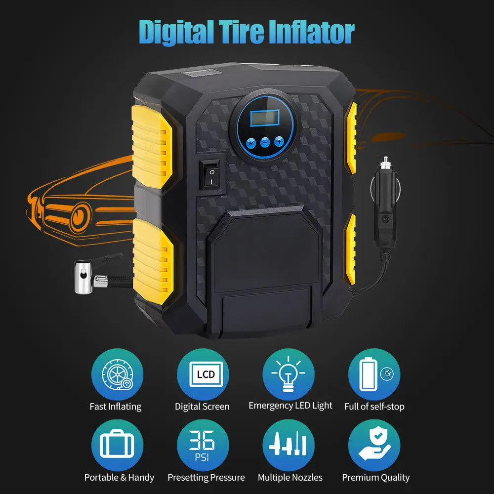 

WONVON DC 12V Digital LCD Tire Pressure Inflator Pump 35 L/min Auto Air Compressor W/ Light Car Tire Inflator