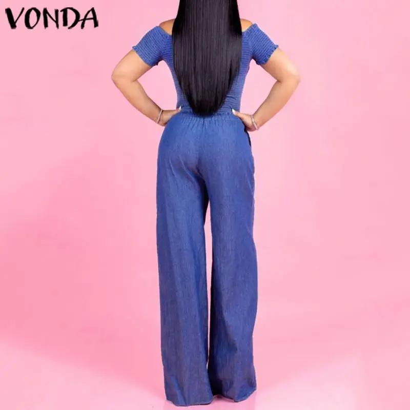 VONDA Casual Demin Rompers Women Jumpsuit Sexy Off Shoulder Playsuits Summer Bohemian Wide Leg Pants Office Overalls Plus Size