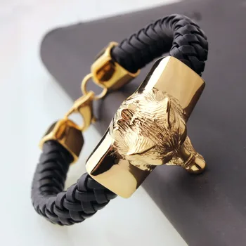 

Men's Stainless Steel Gold Tone Wolf Biker Jewelry Leather Bracelets Male Wolf Head Charms Bracelets Bangles Wristband pulseira