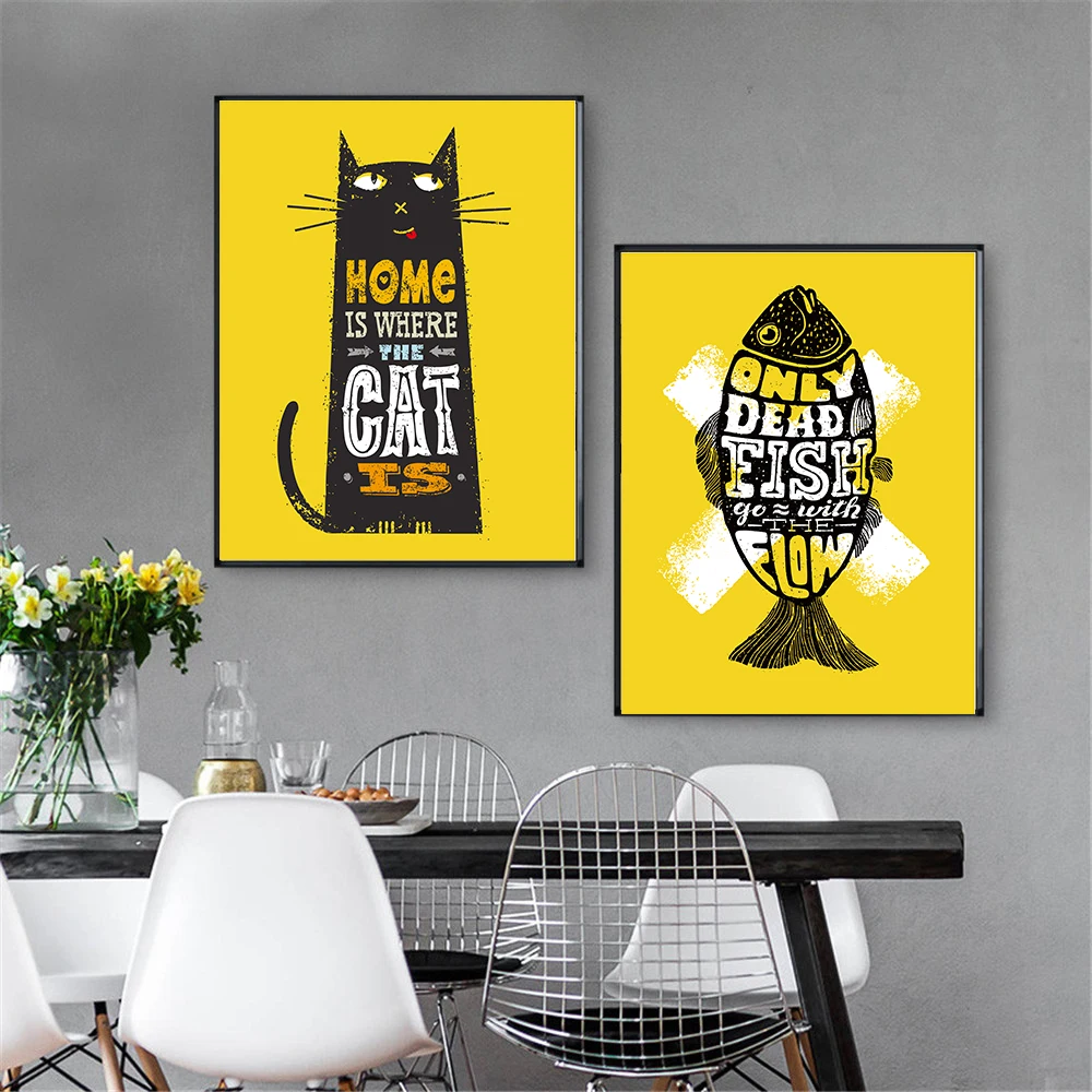 Скандинавский плакат печатает Черный кот рыба Qotes Настенный декор Куадрос Decoracion желтый настенный художественный Рисунок кухня гостиная украшение