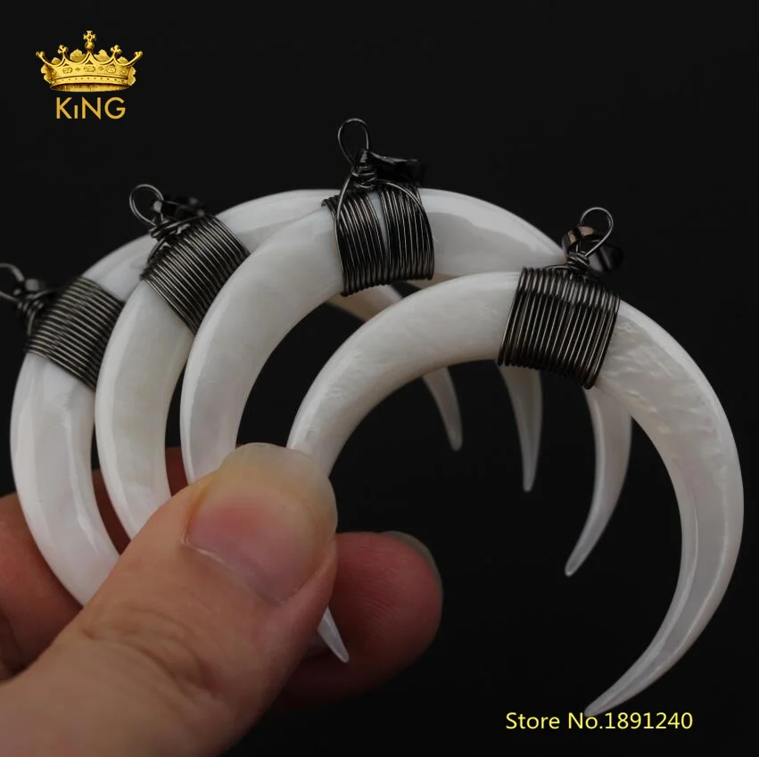 

5pcs White Shell Crescent Pendants,Wire Wrapped Plated Black Gunmetal Copper Double Horn Shell Charms for Necklace 50x46mm DSS81