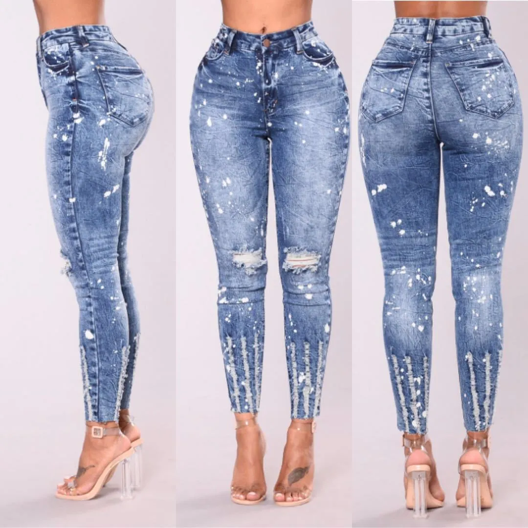 

2019 New Spring High Waist Ripped Hole Pencil Jeans Pencil Pants Woman Blue Elastic Denim Pants Casual Plus Size Trousers