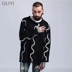 GUYI с кисточкой свитер в стиле пэчворк Для мужчин с О-образным вырезом негабаритных Толстая грубая шерсть Модные пуловеры Повседневное