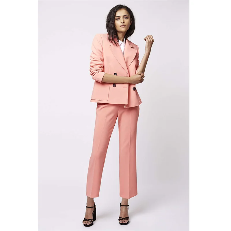 54-1 Pink Womens Business Suits Female Office Uniform Ladies Trouser Suits Formal Womens Tuxedo Straight Trousers 2 Piece Blazer