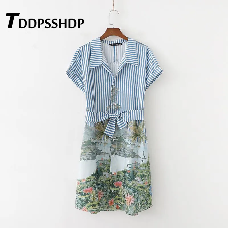 

Mountain Stream and Flower Printing Women Dress Patchwork Bowknot Stripe Female Dresses