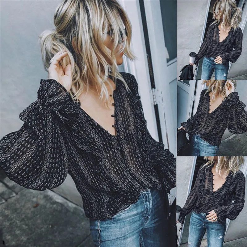 

2019 Summer Sexy Women Casual Chiffon Boho Hippie Blouses V-neck Striped Long Sleeve Loose Short Tops Plus Size