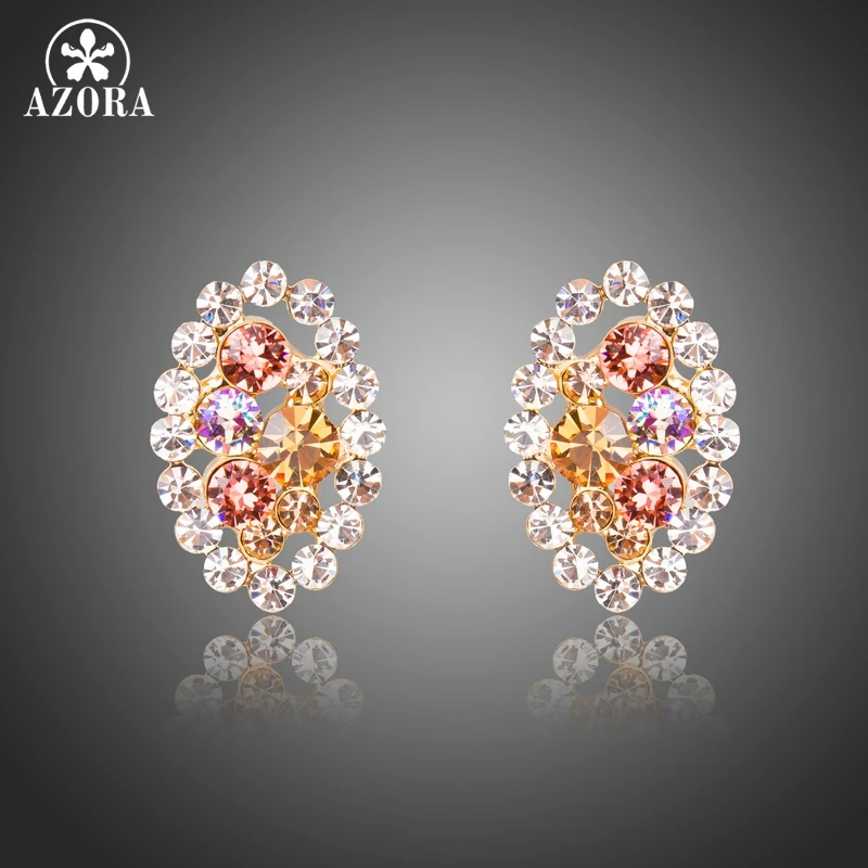 

AZORA Brand Fashion Jewelry Gold Color Oval Flower Stud Earrings for Woman Multicolor Austrian Crystals Earrings TE0298