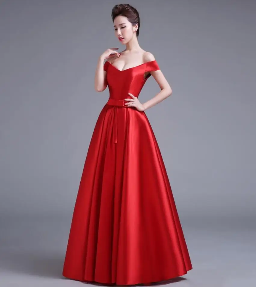 Robe de soiree, новинка, платье на шнуровке с открытыми плечами, вечернее платье, вечерние атласные платья, vestido de festa, платья для выпускного вечера, 2 цвета - Цвет: red