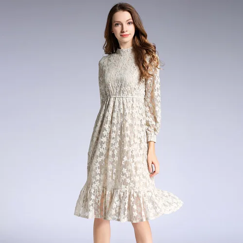 2018 Autumn New Long Long Sleeve Long Temperament Lady Lantern Sleeves Ruffled Lace Dress Dresses
