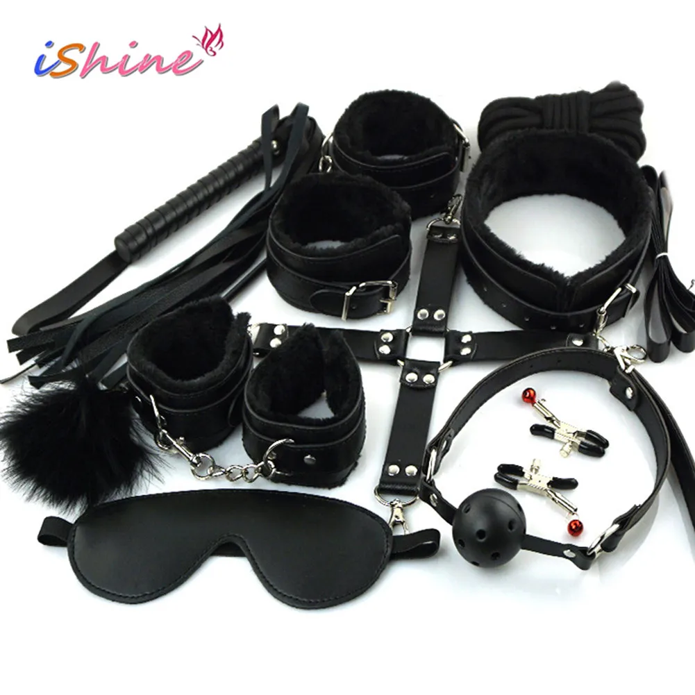 Cena 10 sztuk zestaw Sex zabawki dla kobiety zabawki erotyczne dorosłych BDSM Sex Bondage zestaw kajdanki zaciski na sutki Gag Whip Rope zabawki erotyczne dla par