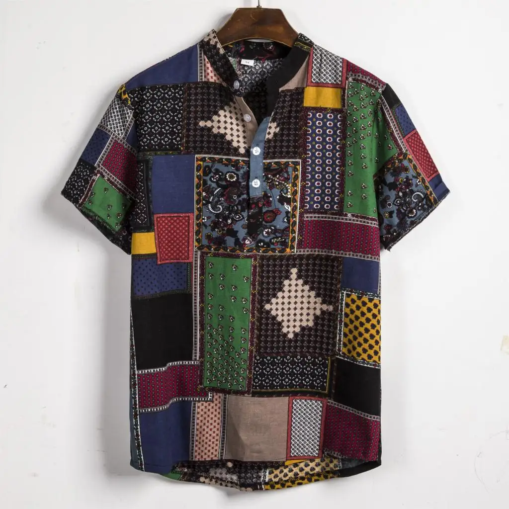 Рубашка из хлопка и льна, Гавайские мужские рубашки с коротким рукавом, приталенная Этническая футболка с цветочным принтом, повседневные пляжные рубашки, мужская одежда - Цвет: Style 3