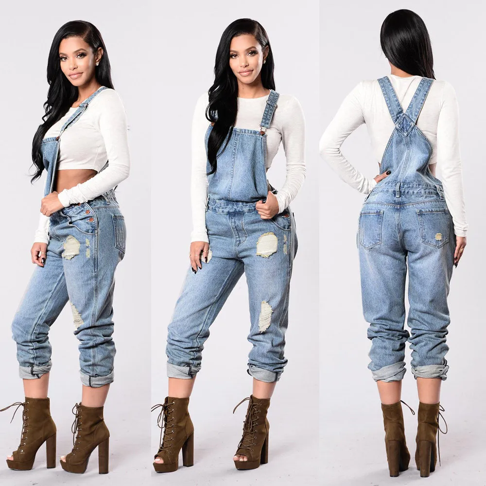 Women Hole Denim Bib Slim Pants Overalls Jeans Straps Demin Trousers ...