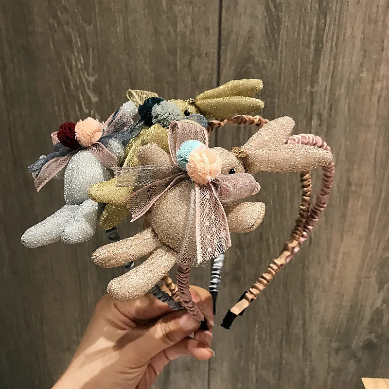 

12pcs Fashion Cute Glitter Bunny Hairbands Solid Pom Pom Bow Rabbit Hair Sticks Princess Party Headwear Girls Hair Accessories