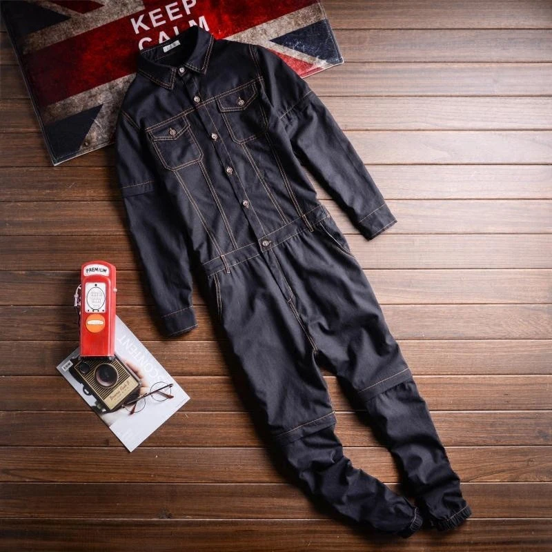 Мужской длинный джинсовый комбинезон с карманами черный синий Свободный длинным