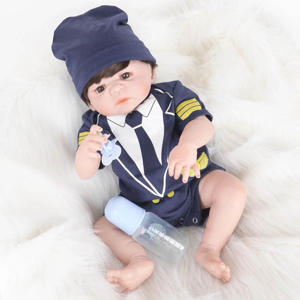 22inch 55cm Lovely Realistic Soft Vinyl Reborn Doll Real Looking Newborn Baby Boy Doll in Uniform Clothes Kids Birthday Gifts