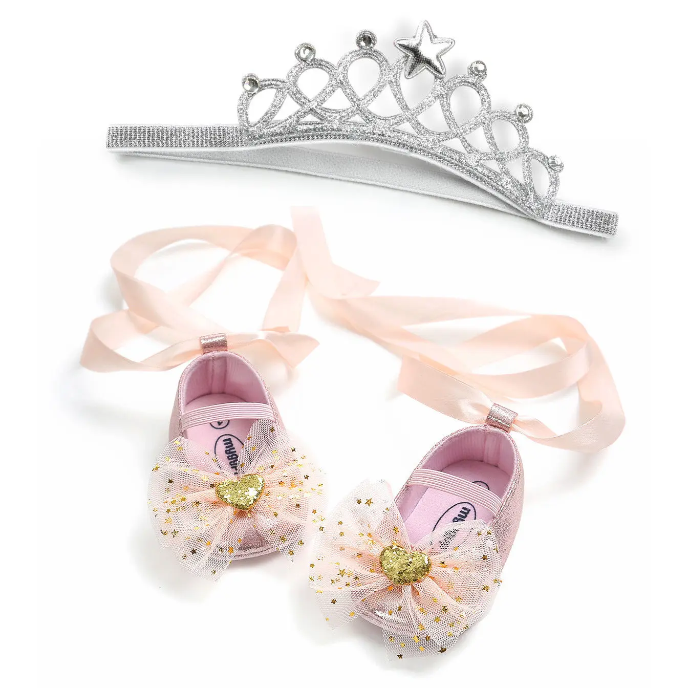 Детская кроватка, обувь принцессы, фартук для маленькой девочки, бант, блестки, обувь для кроватки+ повязка на голову, принцесса, первая обувь для маленькой девочки - Цвет: Розовый
