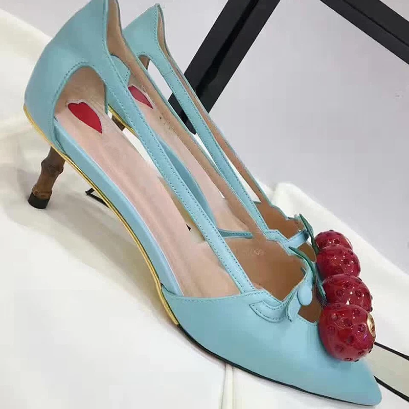

Hot Sale 2017 Genuine Leather Sandals Fashion Ladies Pumps Spring Cute Cherry High Heel Shoes Women Pointed Toe Bamboo Thin Heel