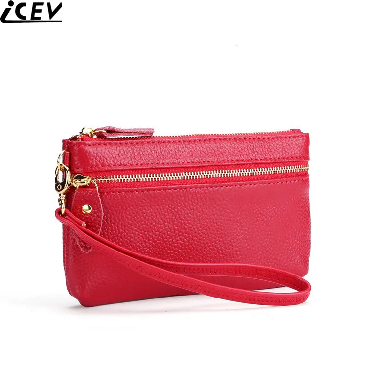 

ICEV hot sale fashion cowhide mini storage bag genuine leather women wallets change purse day clutch wristlets pocket wholesale