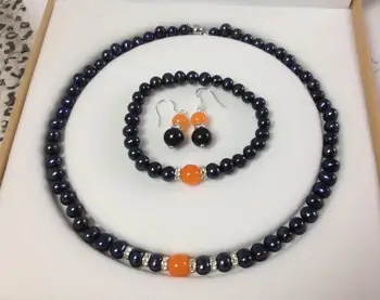 

Black Akoya Cultured Pearl/Orange Jade bracelets necklace earrings set No box