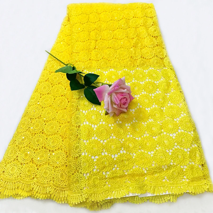 

Latest High Quality Yellow Color french lace Guipure embroidery African Water sooluble lace fabric With sequins 5 yards/lot