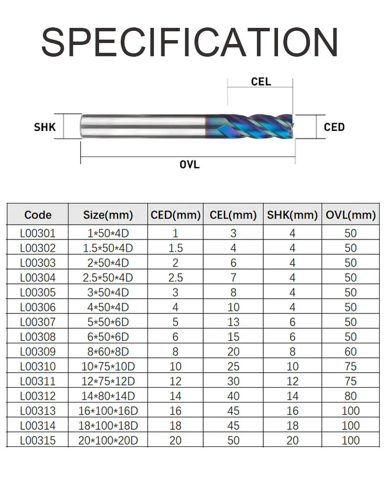 Карбид вольфрама HRC 65 градусов 4 флейты нано синее покрытие Концевая фреза хвостовик 4 6 8 10 мм затвердевает для алюминиевого сплава фреза