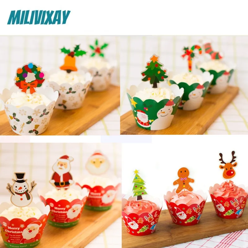 

DIY Christmas Series Cartoon Paper Cardboard Toppers and Wrappers Children Party Cake Decorating Supplies Set Cupcake Desserts