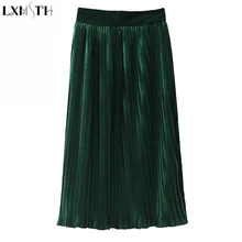 LXMSTH Осенняя Новая Винтажная женская зеленая бархатная юбка элегантные длинные плиссированные юбки трапециевидная миди юбка с высокой талией эластичная