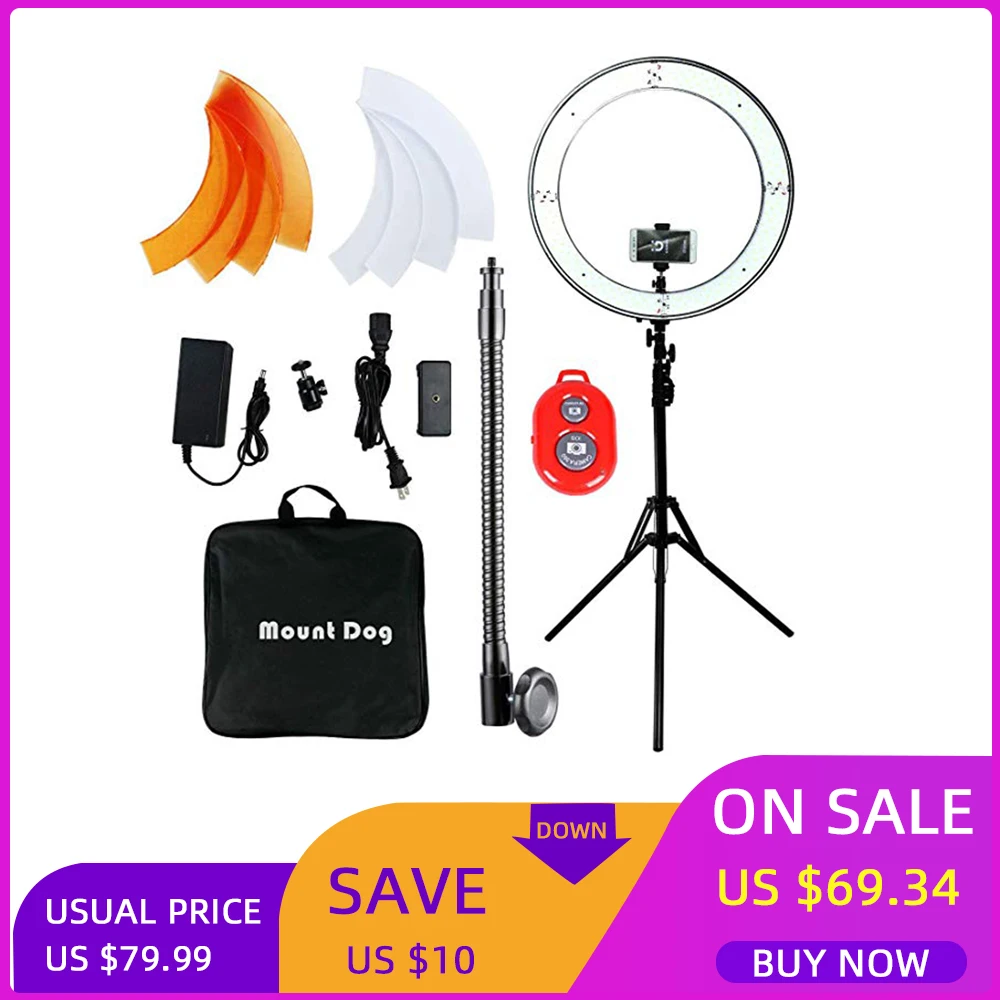 

MountDog Selfie LED Ring Light 18Inch With Tripod And Phone Holder Video Photo Studio Light Ring Lamp USB Plug Remote Control