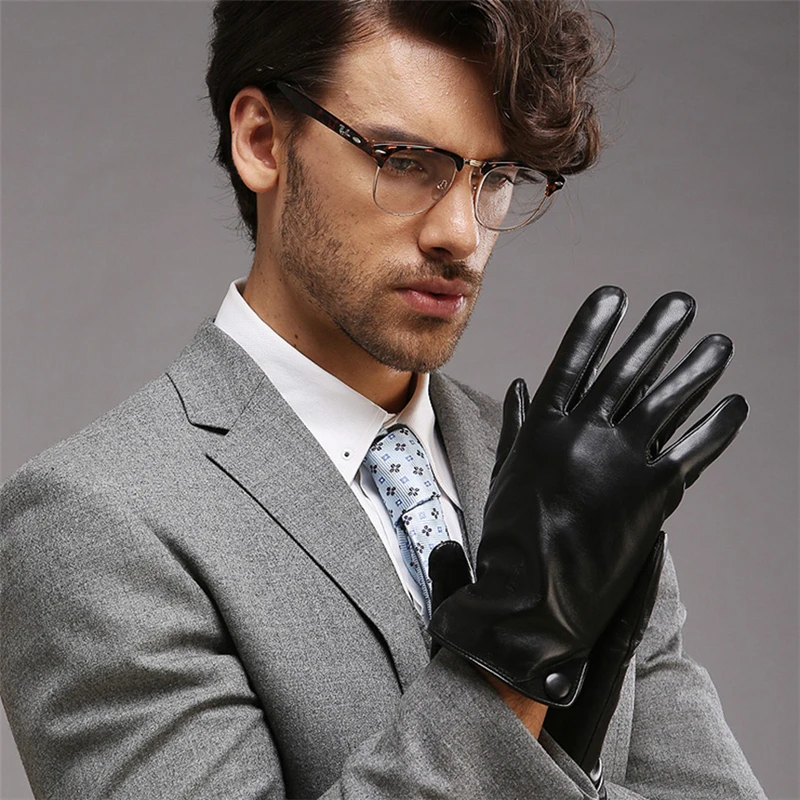 2019 New Men's Genuine Leather Gloves Male Autumn Winter Plush Lined Lambskin Leather Gloves For Driving M001NC-1