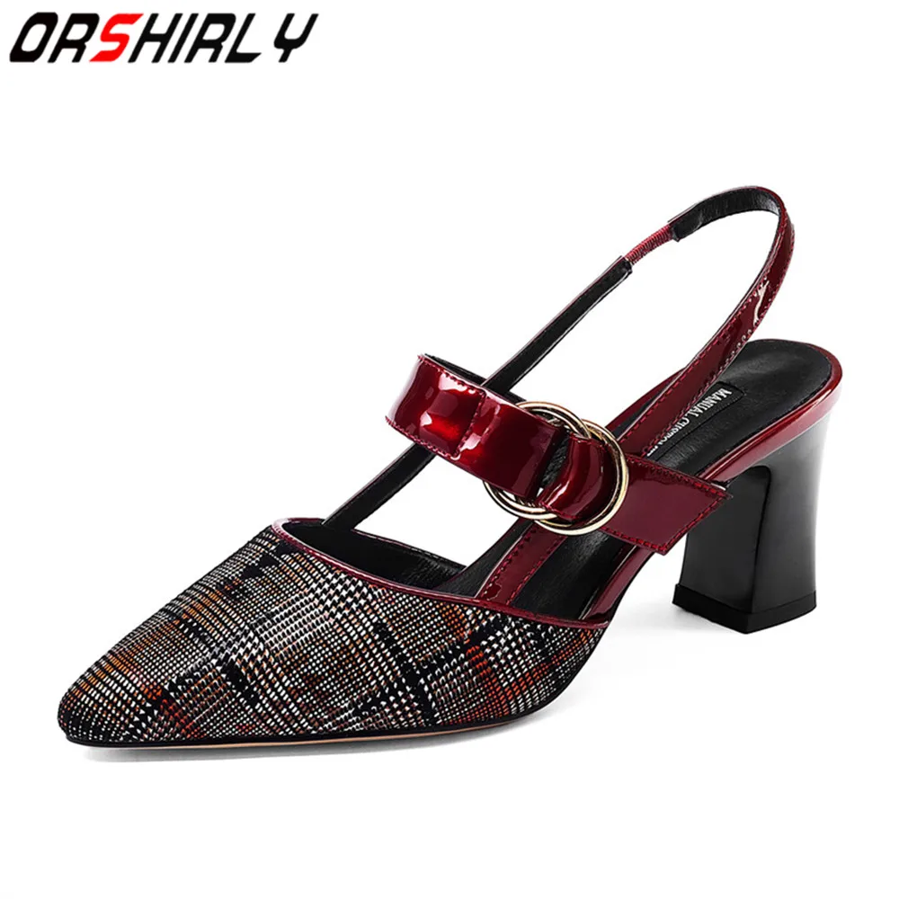 

Orshirly women fashion sandals genuine leather high quality ankle-wrap buckle strap office&career shoes gingham square heels