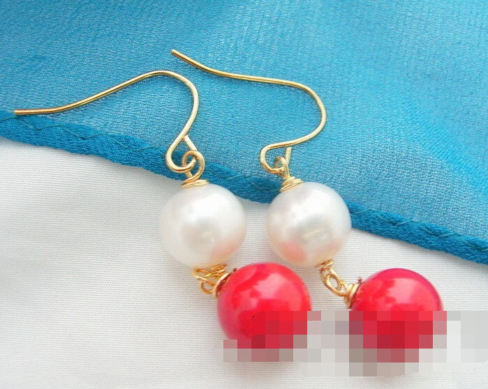 

free shipping 00238 White Pearl&Red Coral Earring