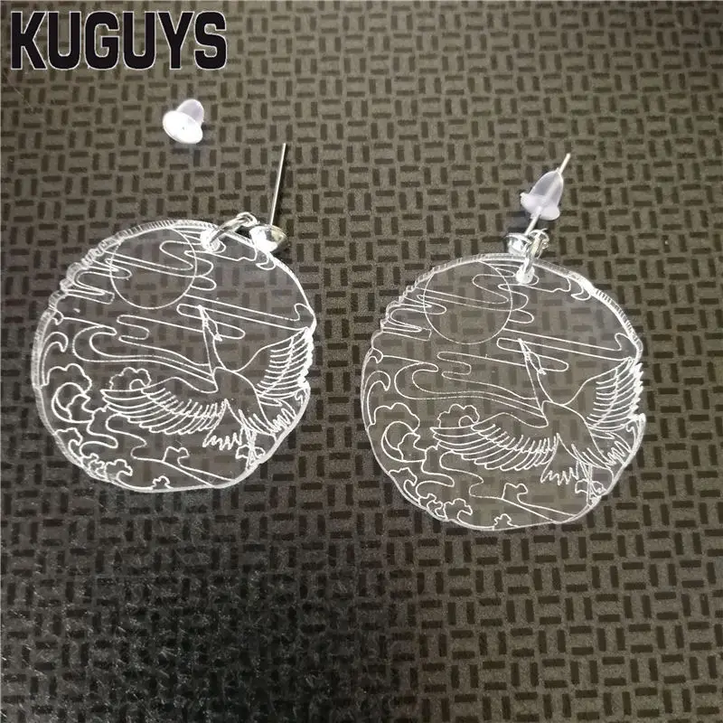 

KUGUYS Fashion Jewelry Women's Gift Clear Acrylic China Style Drop Earrings Auspicious Clouds Crane Round Dangle Earring