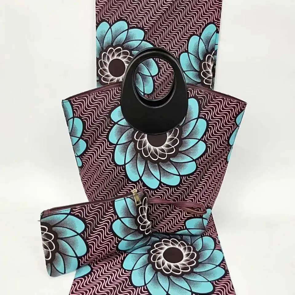

6Yards Beautiful brown background hollandais wax and blue flower printed pattern african big handbag set for party VB27