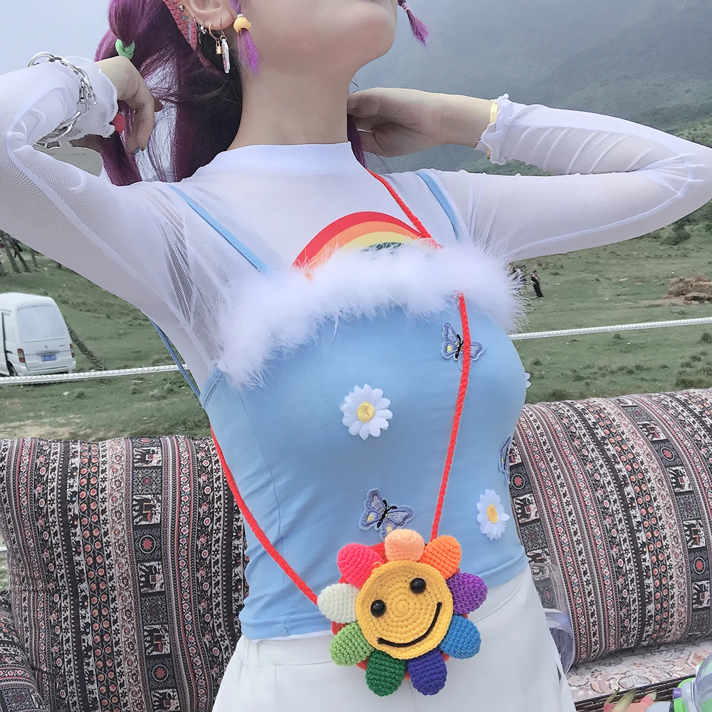 

Butterfly Floral Embroidery Crop Top Women Sexy Fluffy Strap Bandeau Camis Femme Streetwear Summer Bralette Camisole Slim Shirt