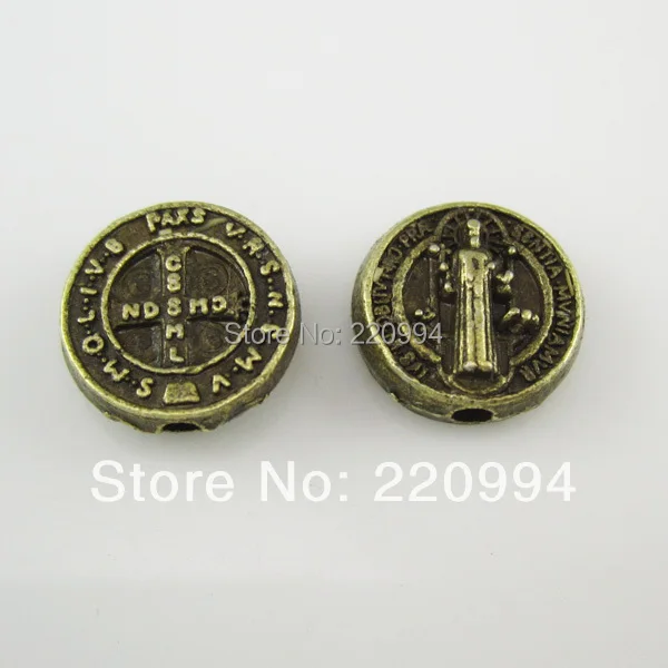 

100pcs of Antique Bronze Round Saint Benedict Medal Rosary Bracelet Beads