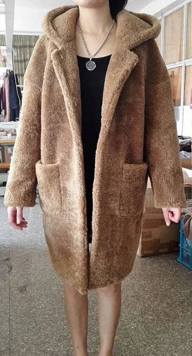 Женская зимняя мода из овечьей шерсти X Длинное свободное дизайнерское пальто с капюшоном верхняя одежда - Цвет: 90CM   LENGTH