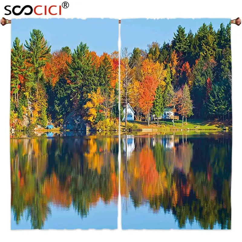 

Window Curtains Treatments 2 Panels,Landscape Autumn Fall Landscape with Orange Marigold Leaves Lake Houses and Clear Sky Image