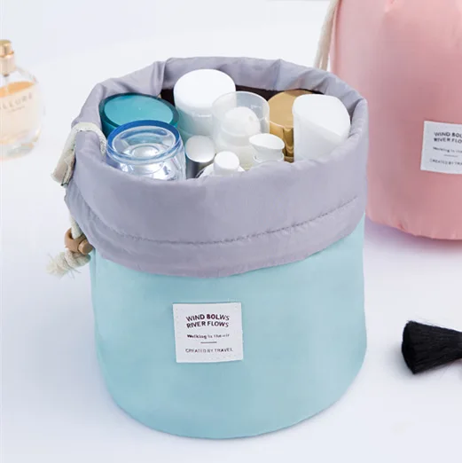Light blue Водонепроницаемый в форме барабана косметичка дорожная вместительный многофункциональный элегантный косметический мешок для хранения сумки-органайзеры для косметики - Цвет: Light blue