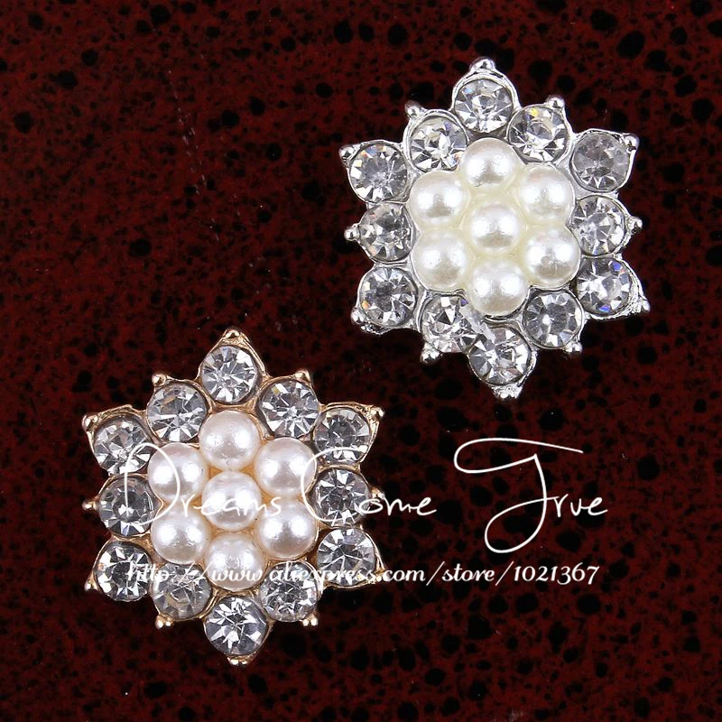 

50pcs/lot 17MM 2Colors Artifical Alloy Button For Wedding Starburst Rhinestone Button With Pearl Center For Craft Accessories