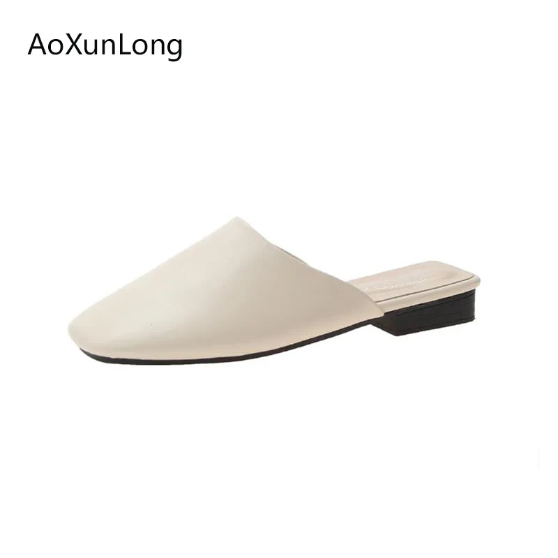 AoXunLong/женские кожаные шлепанцы Baotou; летние модные вечерние шлепанцы; Женские Простые шлепанцы; европейские размеры 35-39 - Цвет: Beige