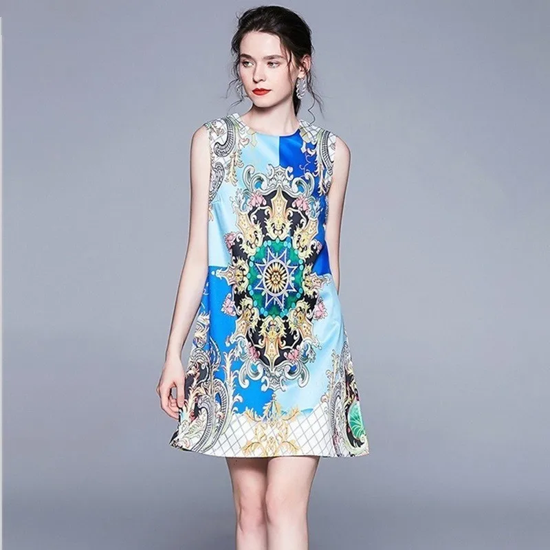 

2019 new Elegant Print Mini Dresses O-Neck Fashion Tank Dress summer Women Casual Holiday sexy Dress Short Vestidos robe femme