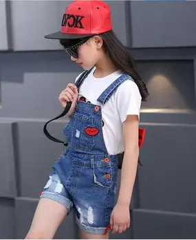 Girls jeans, Korean version, summer lip label, cowboy, big boy strap, shorts, children 2018 new style children's wear. 6