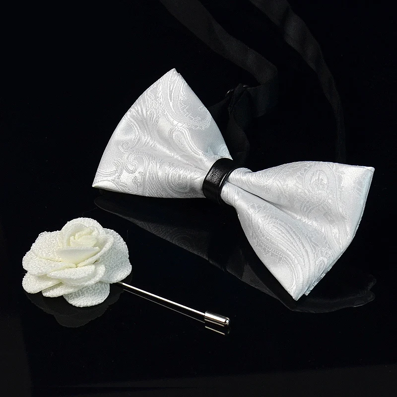 

2019 New High Quality Luxury Mens Bow Ties for Wedding Elegant White Paisley Butterfly Knot with Free Gift White Rose Corsage