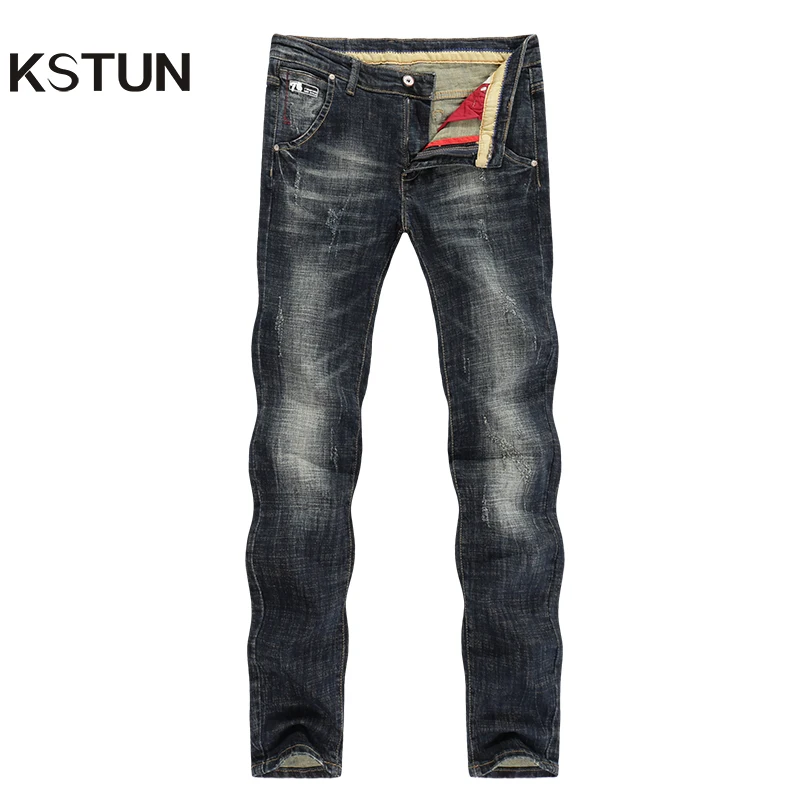 

KSTUN Retro Jeans Men Thick Elastic Blue Classic Straight Regular Fit Vintage Leisure Motorcycle Jeans Denim Pants Streetwear 38