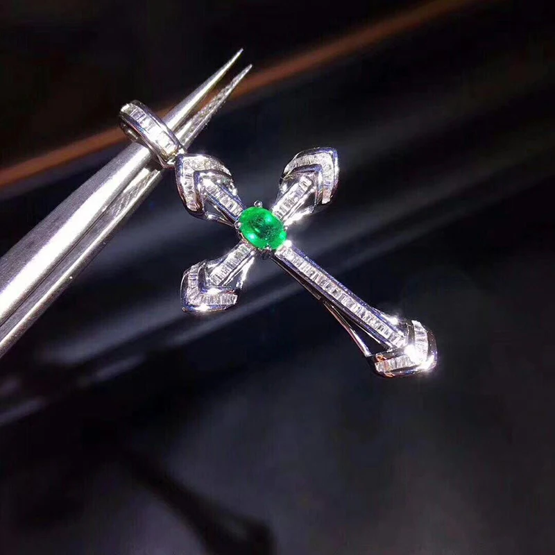 

Fine Green Crystal Stone With 925 Silver cross Pendant Silver Chain Necklace for Women Girl Gift Crystal Jewelry JoursNeige