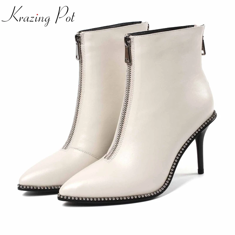 

Krazing Pot new full grain leather gorgeous stiletto high heel pointed toe zipper string bead decoration wedding ankle boots L71