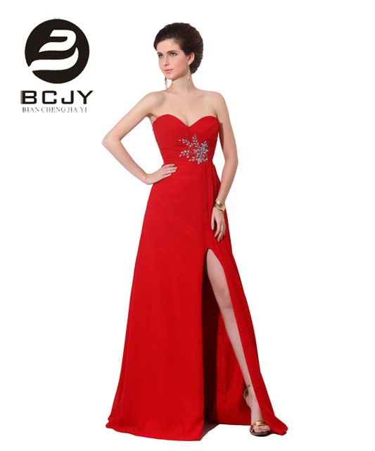 Long Red Strapless Chiffon Dress