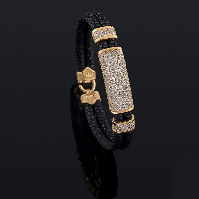 Beichong Black Stingray Leather With Rose Glod Clasp 316L Stainless Steel Leather Bracelet Bangle with White zircon stone
Beichong Black Stingray Leather With Rose Glod Clasp 316L Stainless Steel Leather Bracelet Bangle with White zircon stone